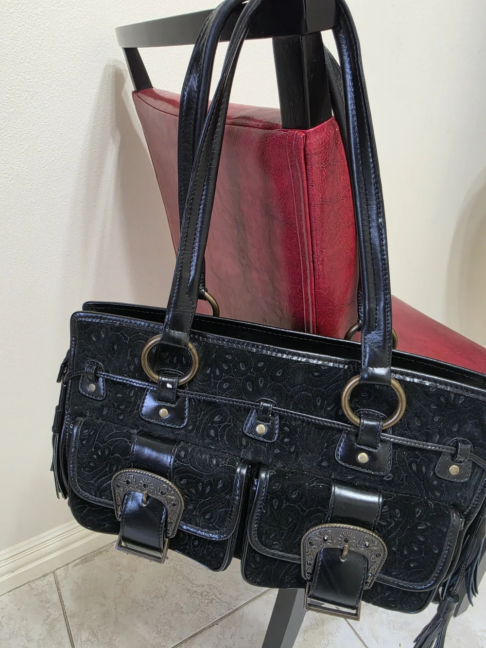 Black Embossed Leather Shoulder Bag with Buckle Pockets